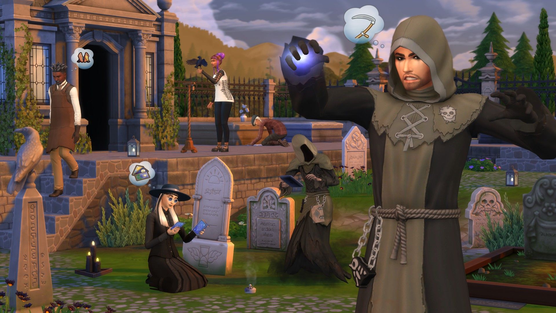 Sims 4 cemetery showing one Sim in a Grim Reaper outfit in the front, graves and Grim behind him, a Sim walking out of a crypt, and a Sim with a pet raven.