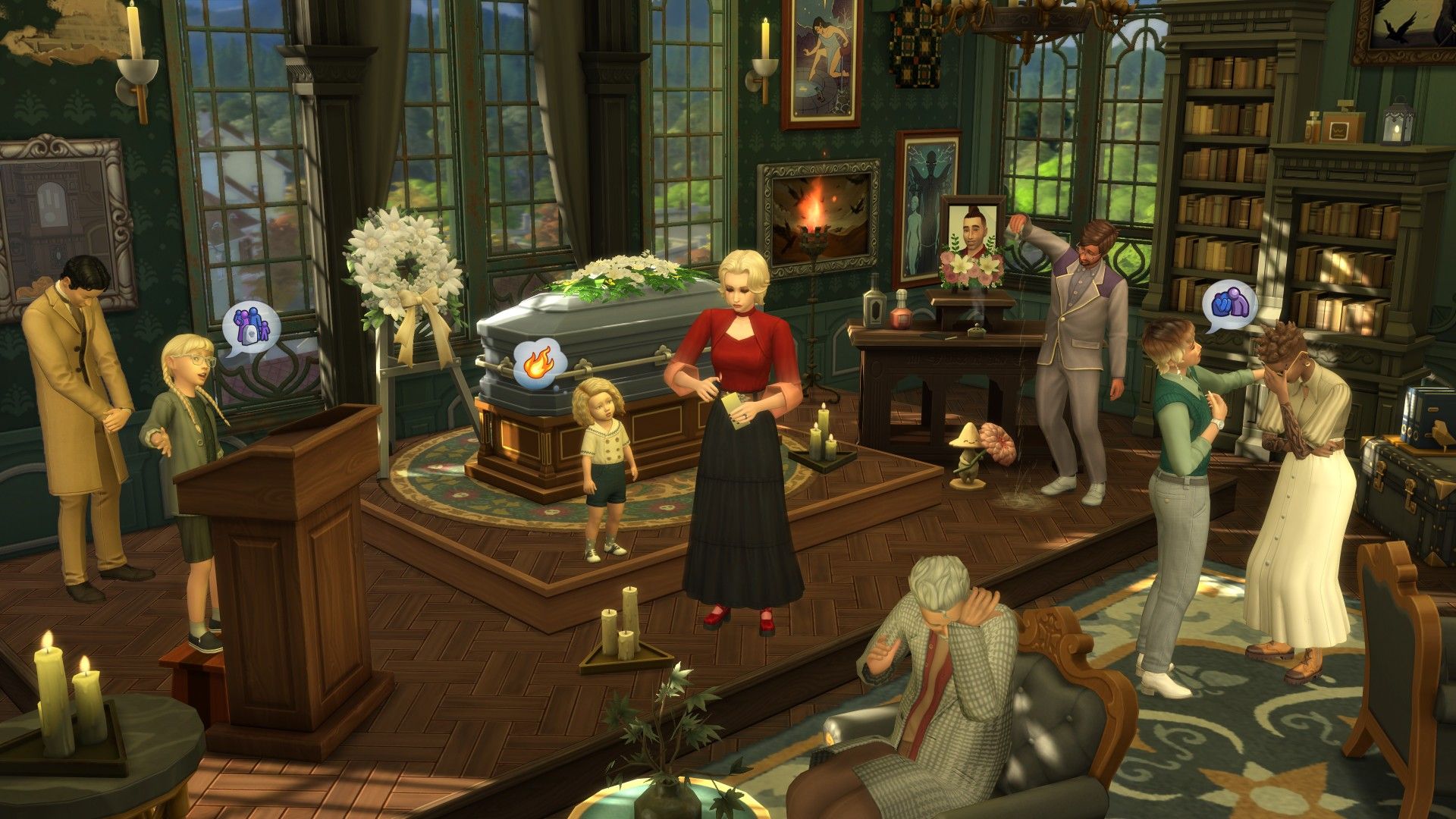 Sims 4 funeral event showing Sims in a room around a casket grieving, one is at the podium giving a eulogy.