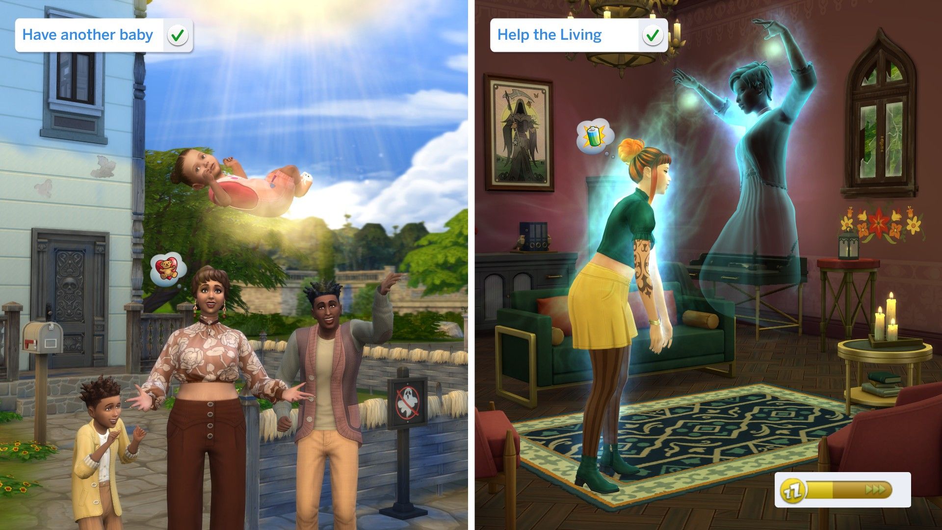 On the left, a baby being reincarnated is coming to a family from the sky, on the right, a Sim is being drained of their energy by a ghost.