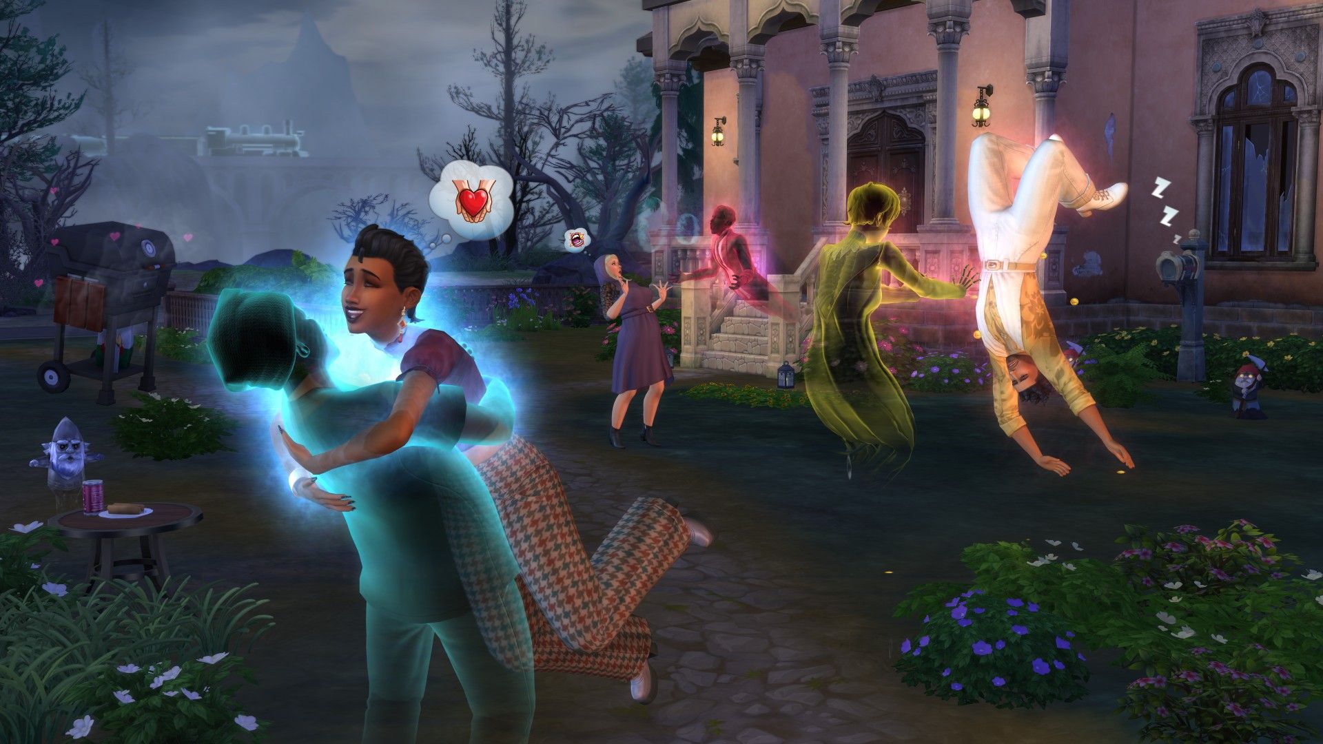 Sims 4 mansion showing ghosts and humans covorting outside, one human is being flipped by a ghost, another is being scared, and a ghost and human are kissing.