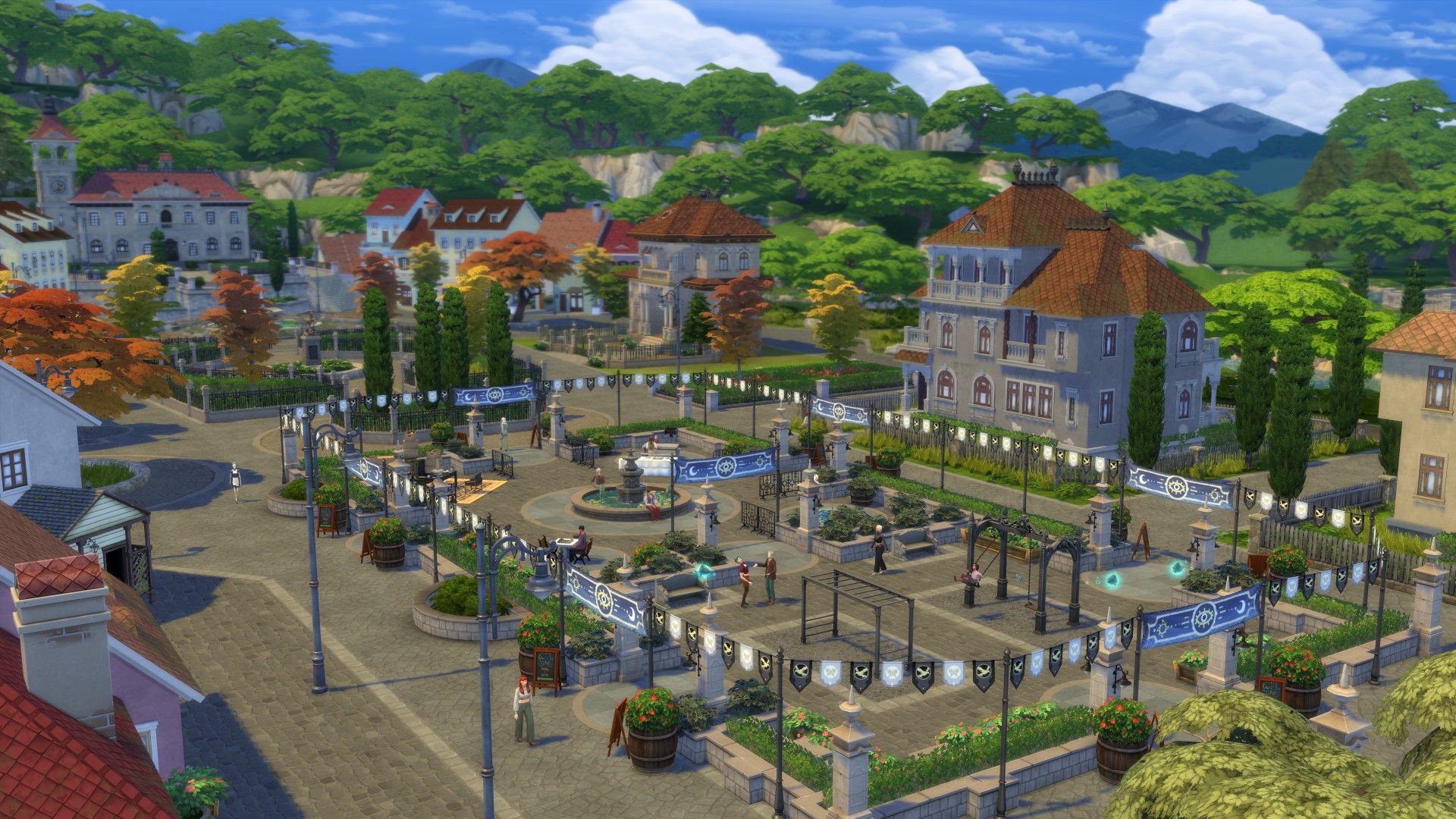 Sims 4 Ravenwood town center showing a festival happening, banners and lights surround an old village style town square.