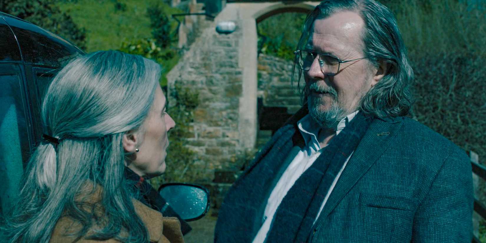 Catherine Standish (Saskia Reeves)talking with Jackson Lamb (Gary Oldman) about David in Slow Horses Season 4 Episode 5