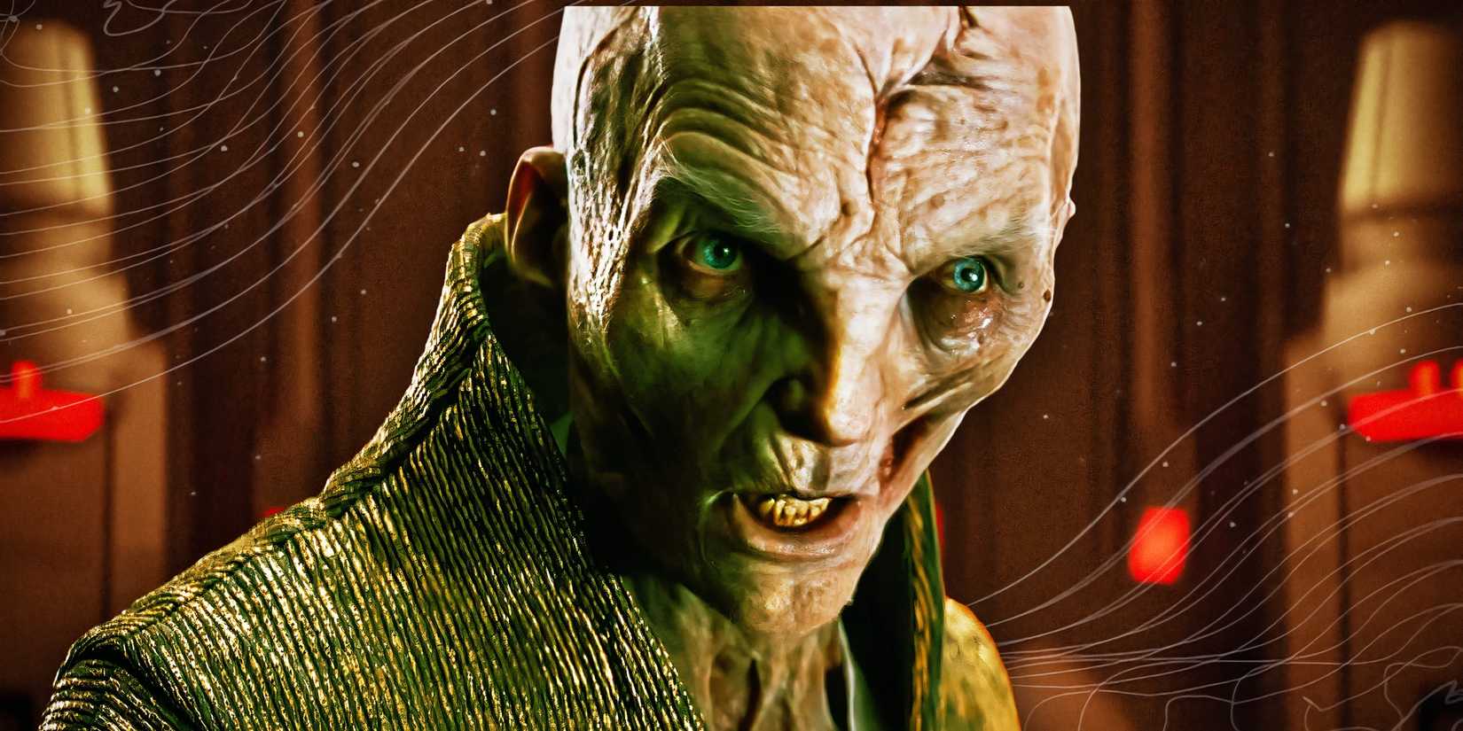 Supreme Leader Snoke (Andy Serkis) looks seriously as he speaks in The Last Jedi. He's edited over a Star Wars background.