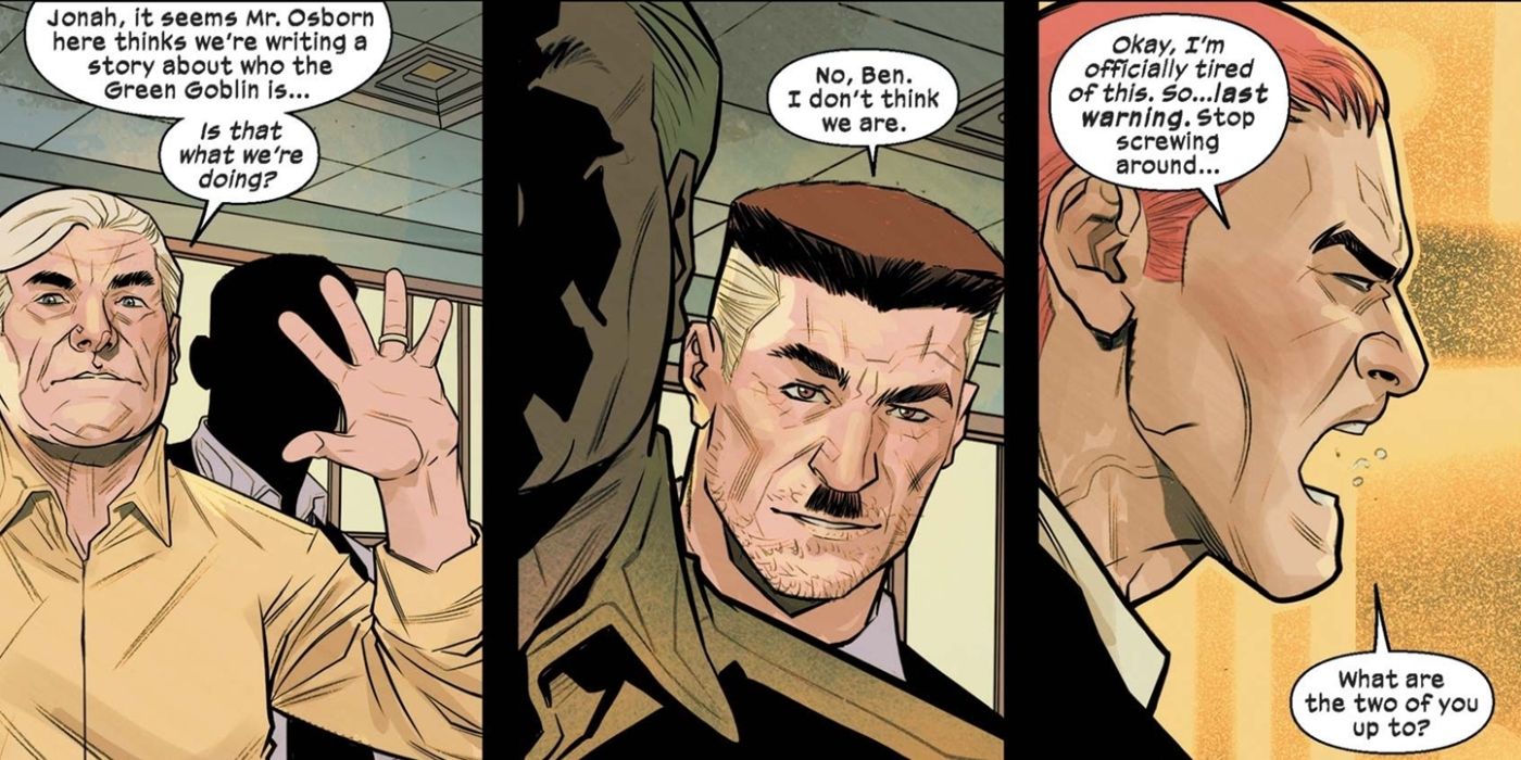 J. Jonah Jameson and Ben Parker working on an investigative journalism piece with Harry Osborn.