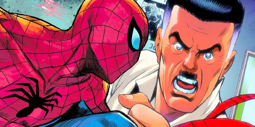 Comic book art: J. Jonah Jameson with Spider-Man in front of him.