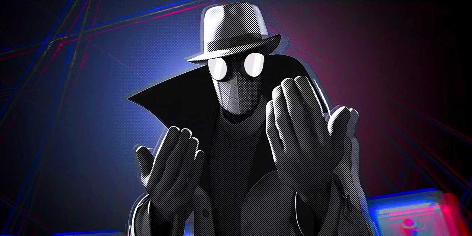 Spider-Man Noir With His Hands Up Gesturing To Come At Him In Spider-Man Into the Spider-Verse