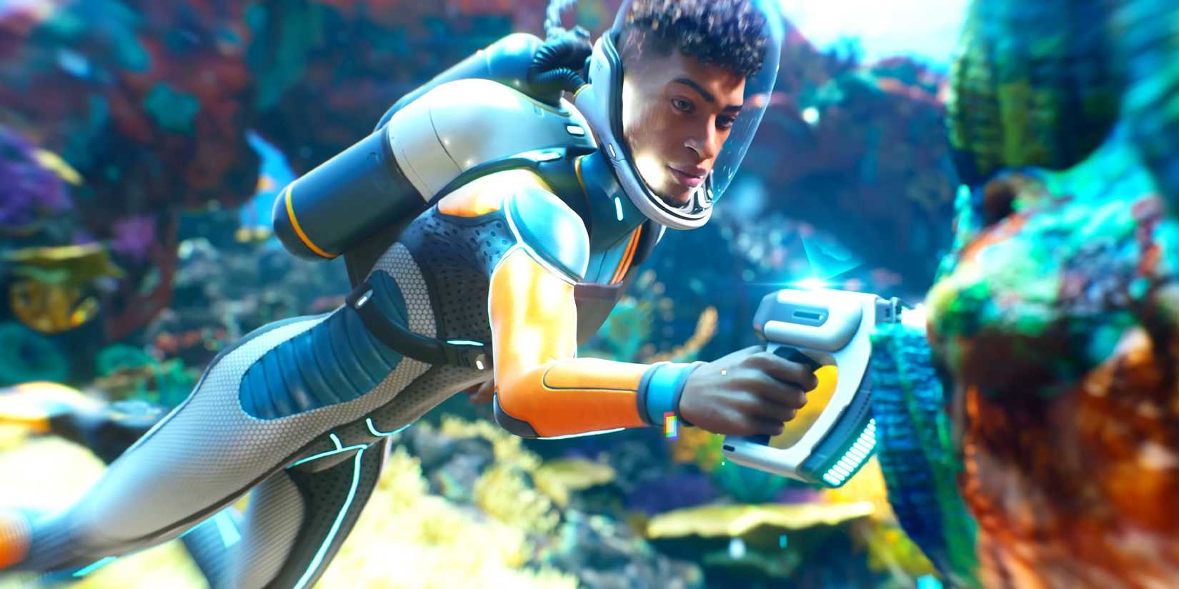 A Subnautica 2 diver inspecting a reef in the reveal trailer cinematic.