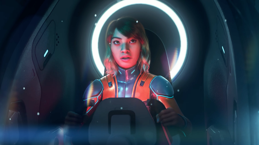 A person drives a submarine, peering at the top of their windshield.