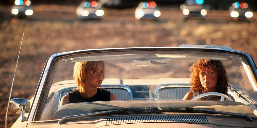 Geena Davis as Thelma and Susan Surandon as Louise sitting in their car in the finale of Thelma & Louise