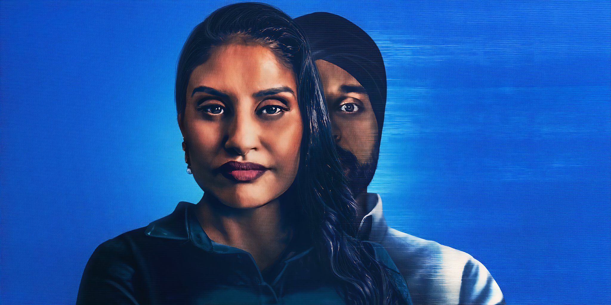 A promo poster for Sweet Bobby featuring a woman with a smug smile and a man hiding behind her overtop a blue background