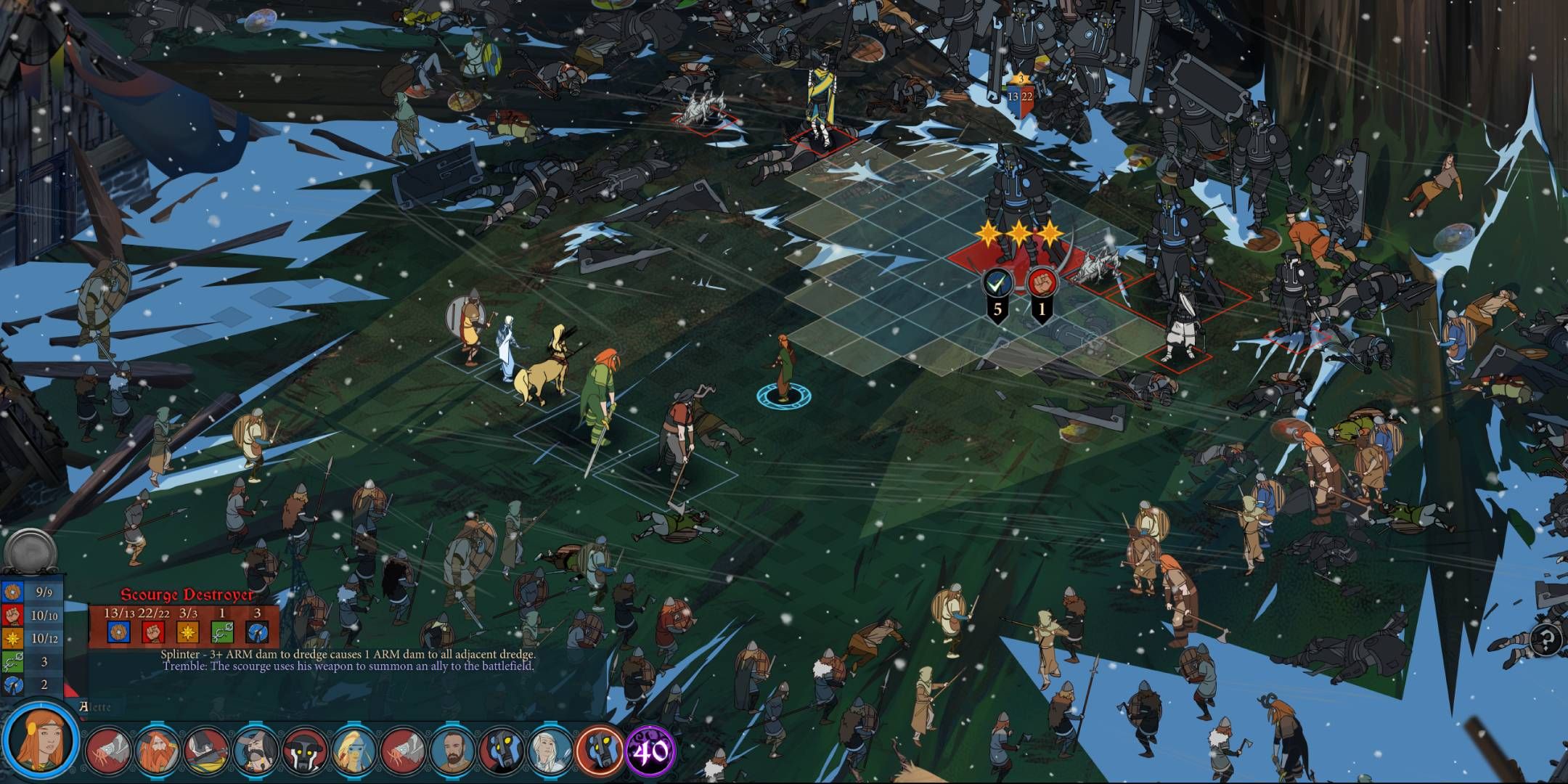 A group of soldiers approaching a stone giant surrounded by more soldiers in The Banner Saga 3.