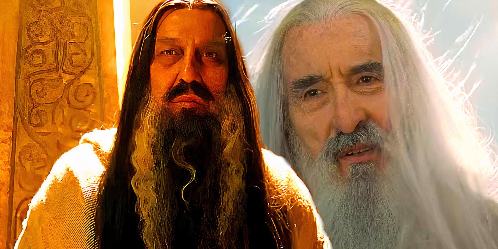 The Dark Wizard in Rings of Power next to Saruman in The Lord of the Rings The Return of the King