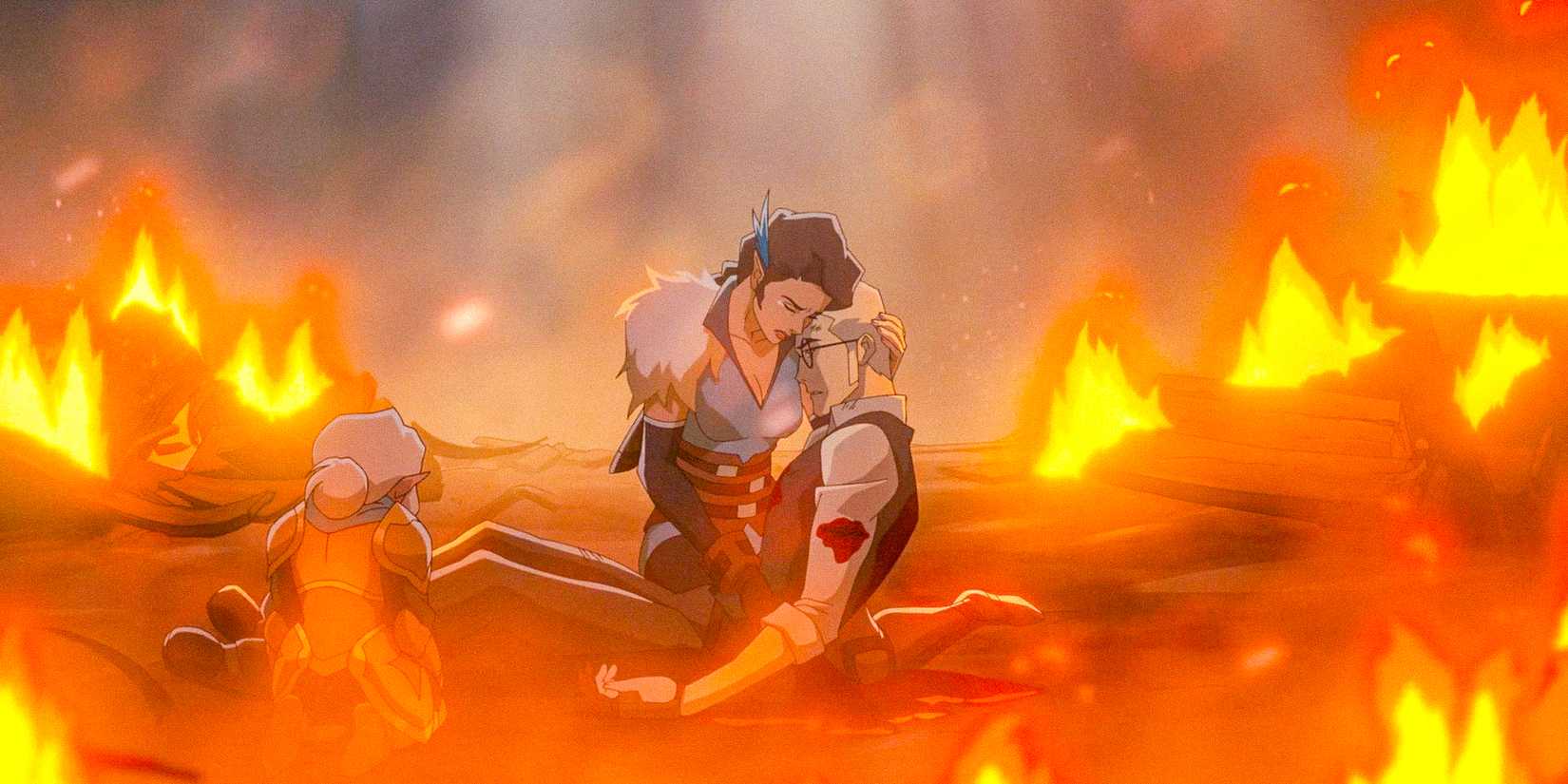 Vex mit der Leiche von Percival in ihren Armen und Pike an ihrer Seite in The Legend of Vox Machina – Staffel 3, Folge 7