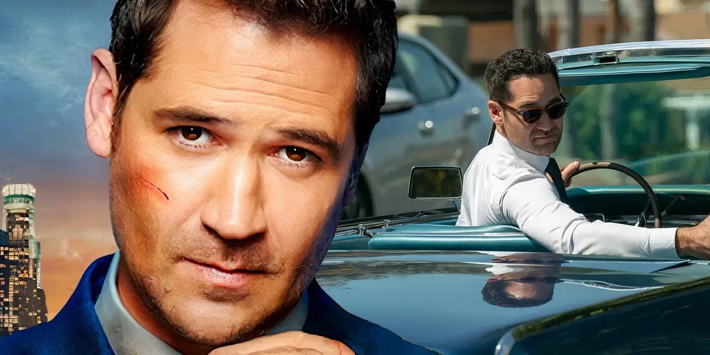 A composite image of Mickey looking at the camera with a cut face in front of Mickey looking back while driving a convertible car in The Lincoln Lawyer