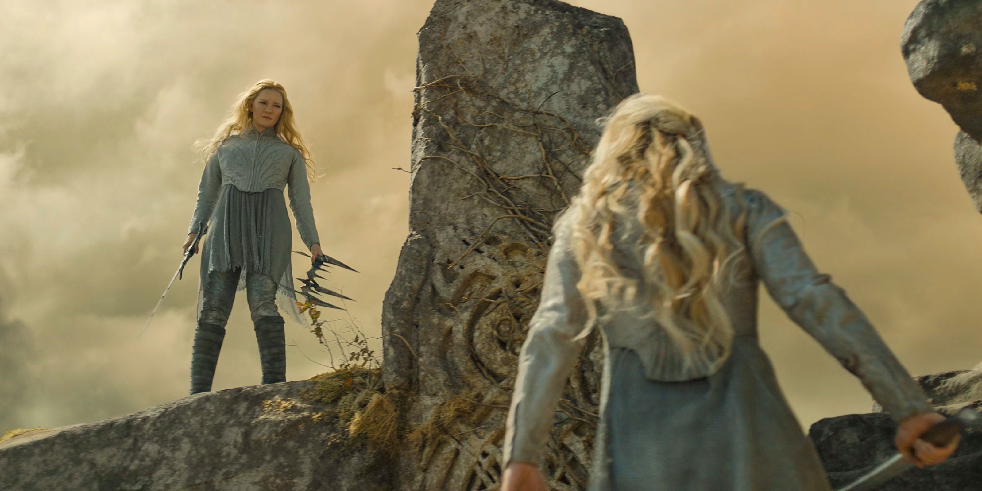 Sauron takes the form of Galadriel (Morfydd Clark) to fight against her in The Lord of the Rings: The Rings of Power Season 2 Episode 8