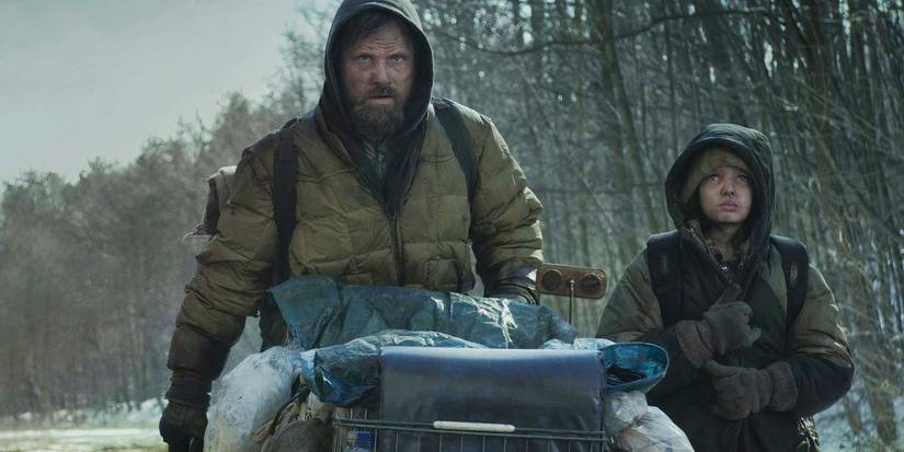 Actors Viggo Mortensen and Kodi Smit-McPhee as Man and Boy in The Road. 