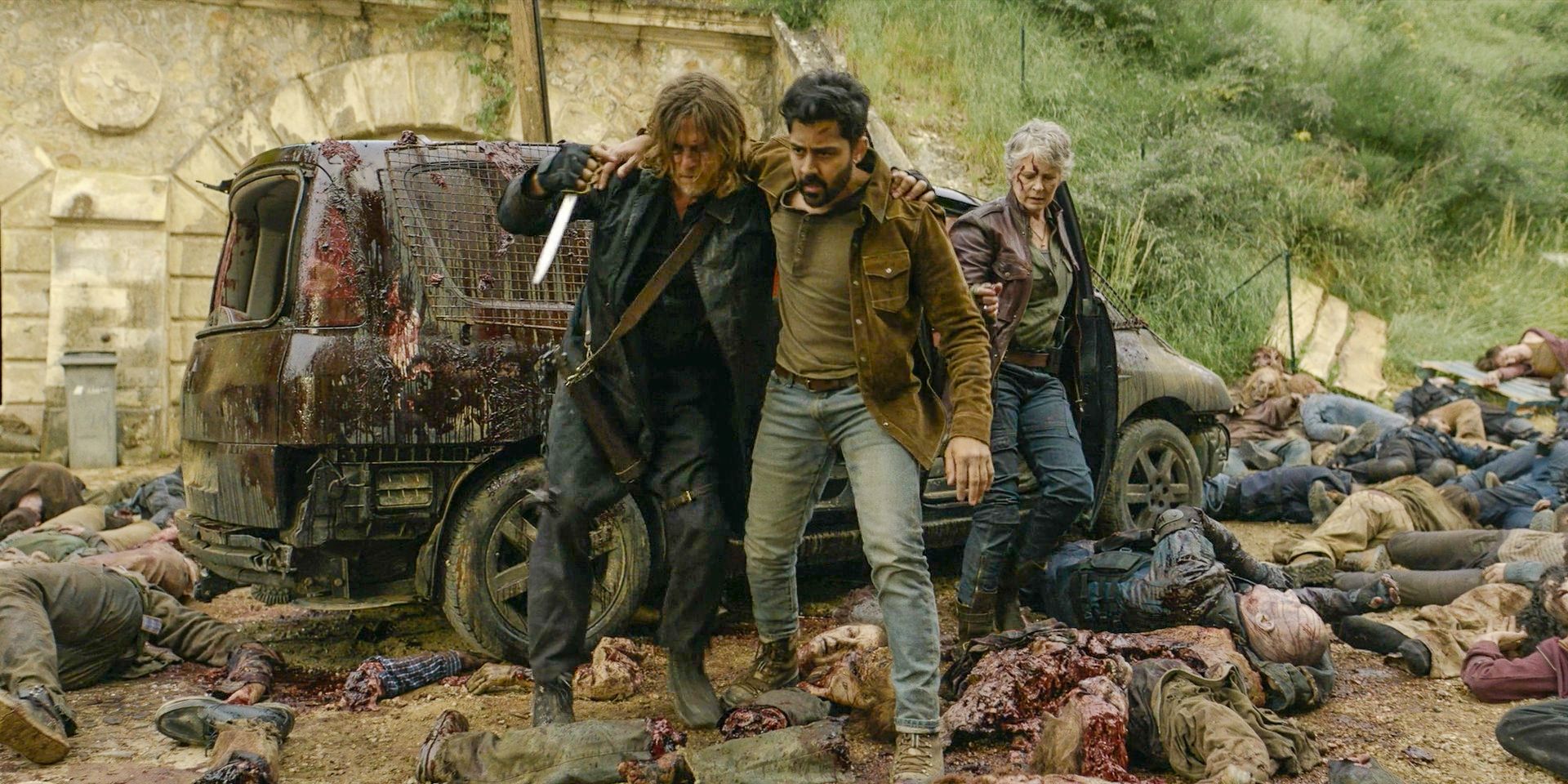 Daryl (Norman Reedus) and Carol (Melissa McBride) rescuing Ash (Manish Dayal) in The Walking Dead: Daryl Dixon.