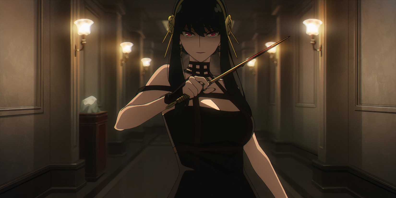 Yor Forger wearing her signature Thorn Princess assassination outfit and holding up her weapon