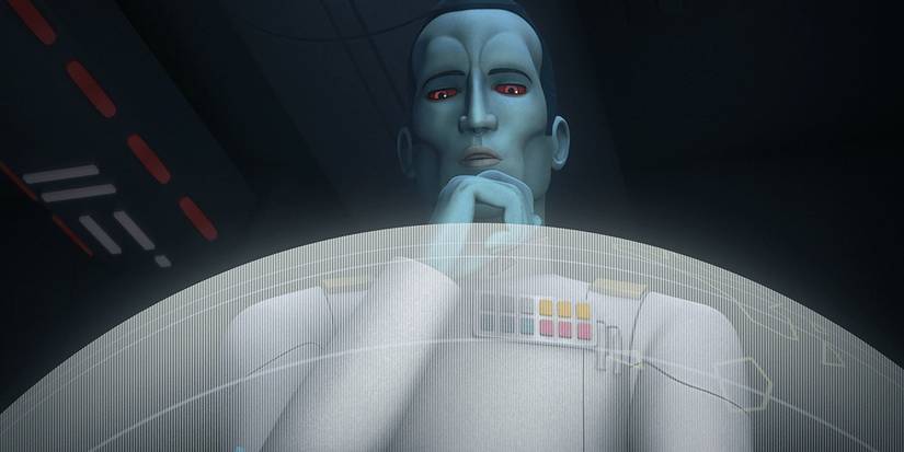 Thrawn with his hand to his chin, looking thoughtful in Star Wars Rebels