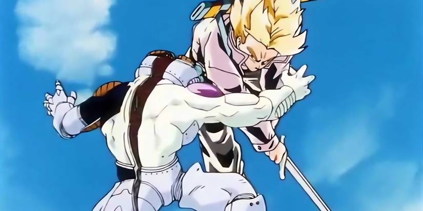 Trunks chặt Frieza làm đôi và chuẩn bị tiêu hủy phần còn lại của cơ thể hắn.
