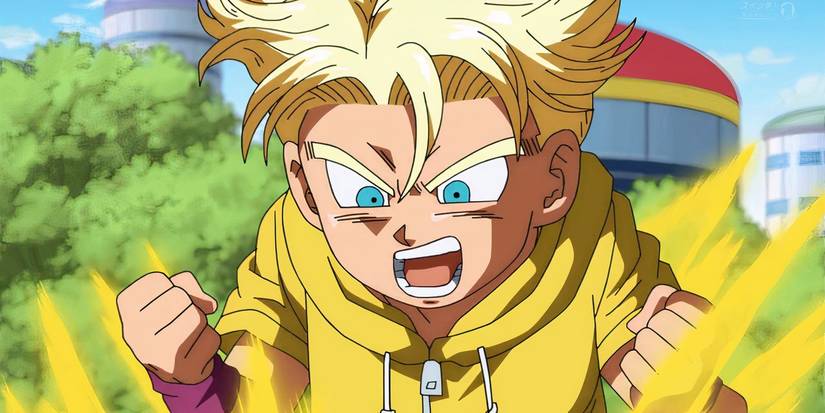 Trunks wears a yellow hoodie and transfroms into a Super Saiyan