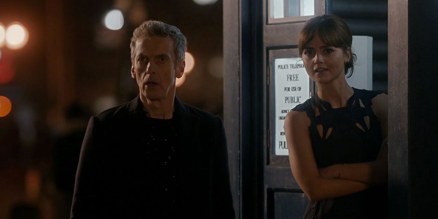 twelfth doctor and clara oswald standing in front of the tardis in 'listen' episode of doctor who