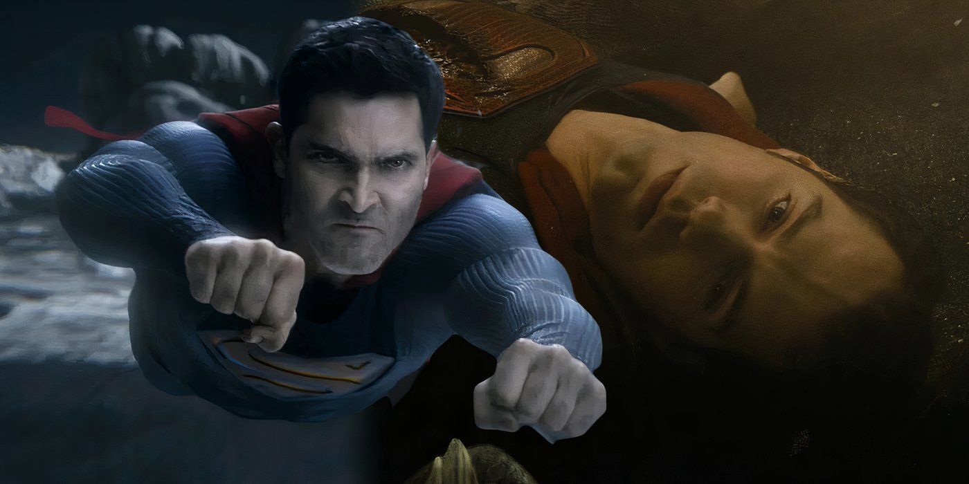 Tyler Hoechlin Superman flying next to Henry Cavill Superman after death