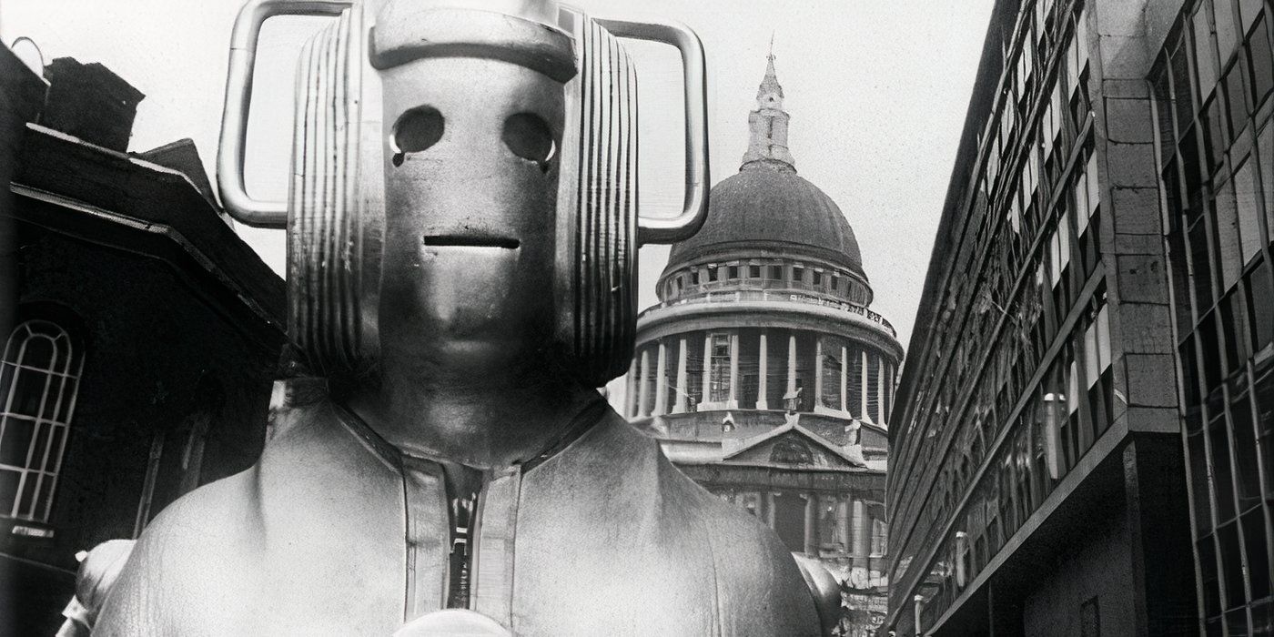 A Cyberman standing in London in the Doctor Who serial The Invasion.