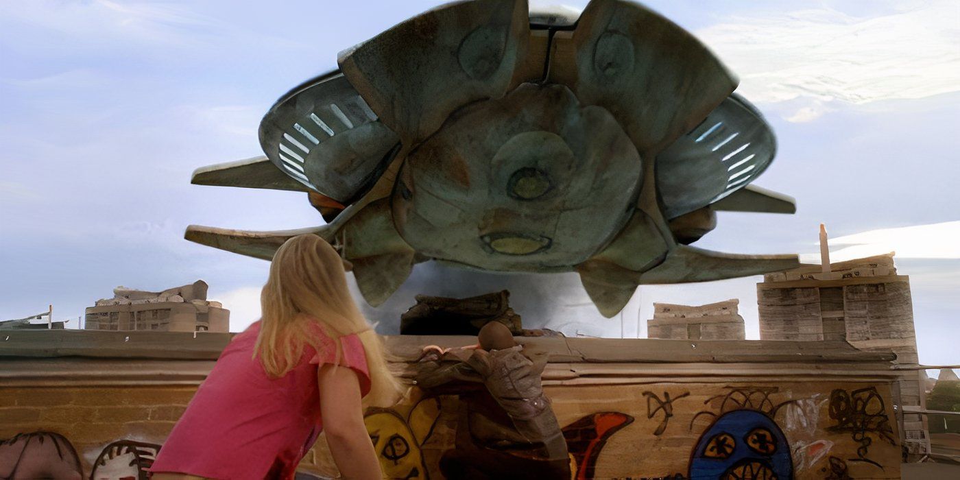 Christopher Eccleston as the Ninth Doctor and Billie Piper as Rose Tyler ducking on a roof top as the Slitheen ship flies over in the Doctor Who episode Aliens of London.