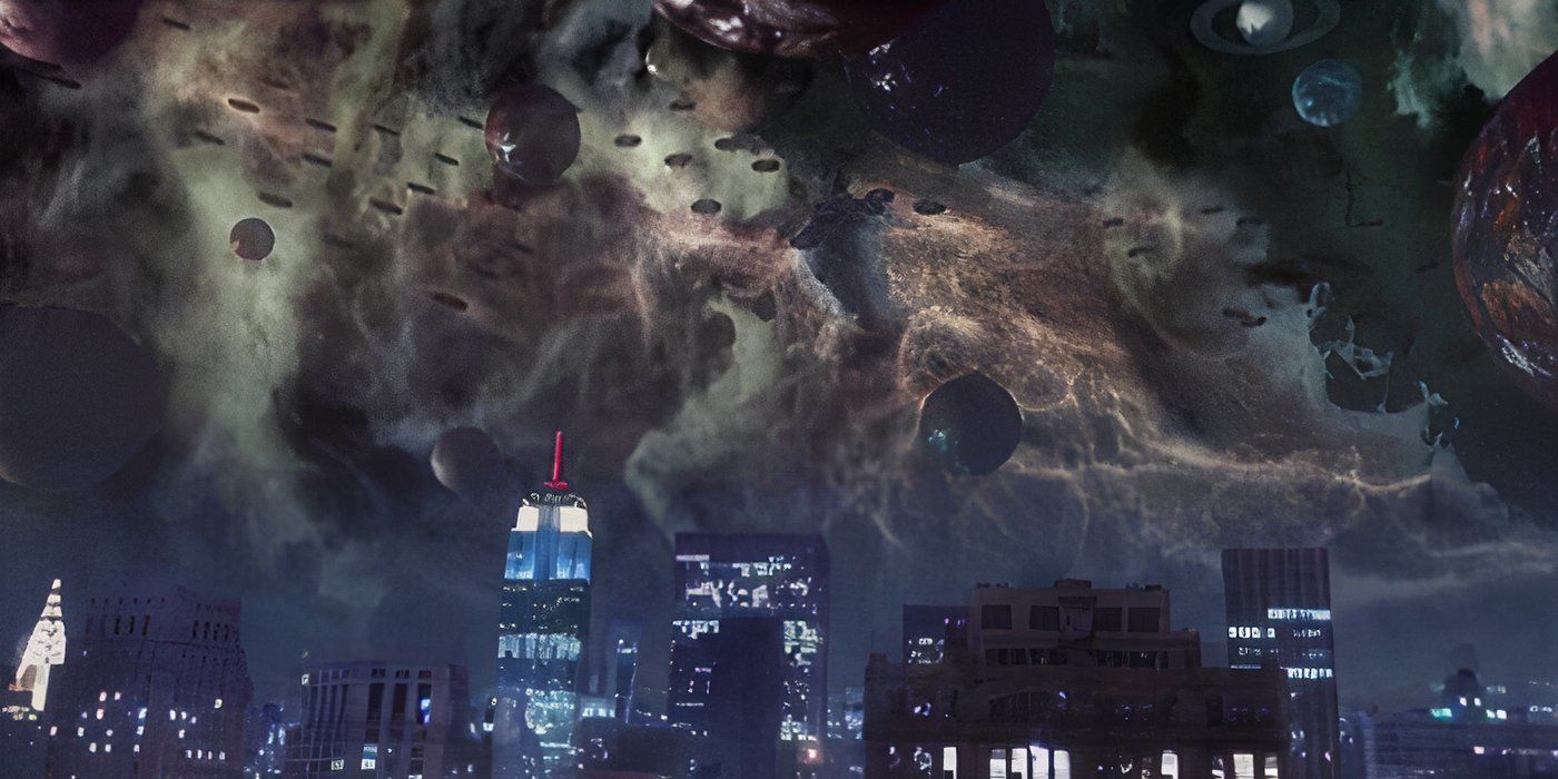 The missing planets over the New York skyline in the Doctor Who episode The Stolen Earth.