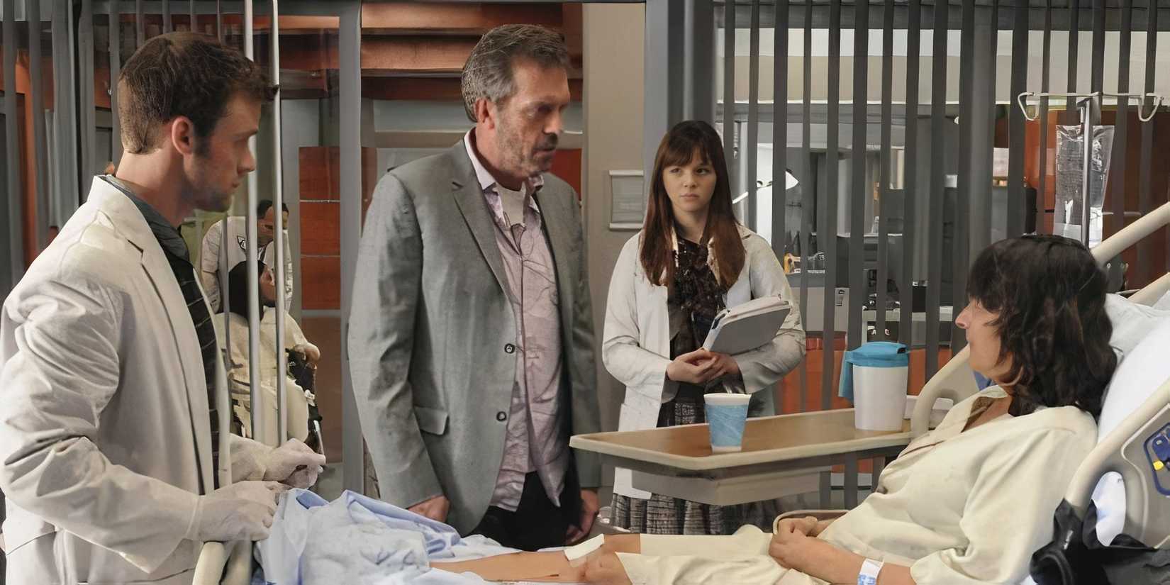 House, Chase, and Masters talking to their patient, Nadia, in a hospital bed in the House episode You Must Remember This.