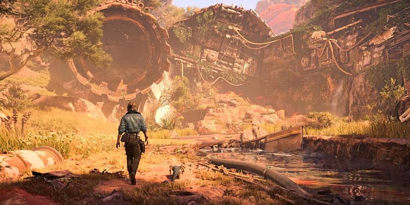 Kay and Nix walking towards a massive crashed star cruiser in Star Wars Outlaws.