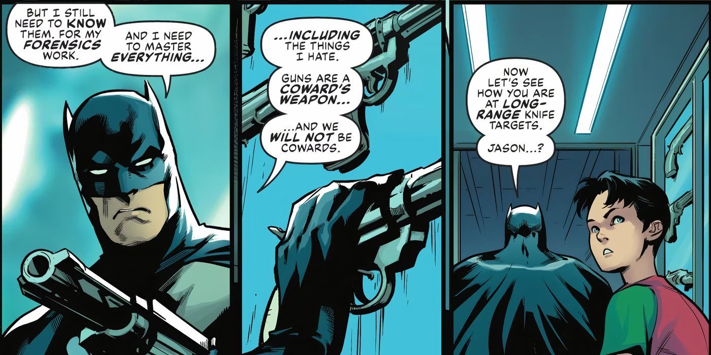 Painéis de quadrinhos: Batman conta a Jason Todd por que eles não usam armas.