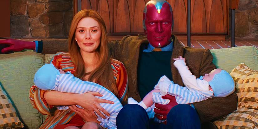 Wanda Maximoff e Visão com os bebês Billy e Tommy em WandaVision