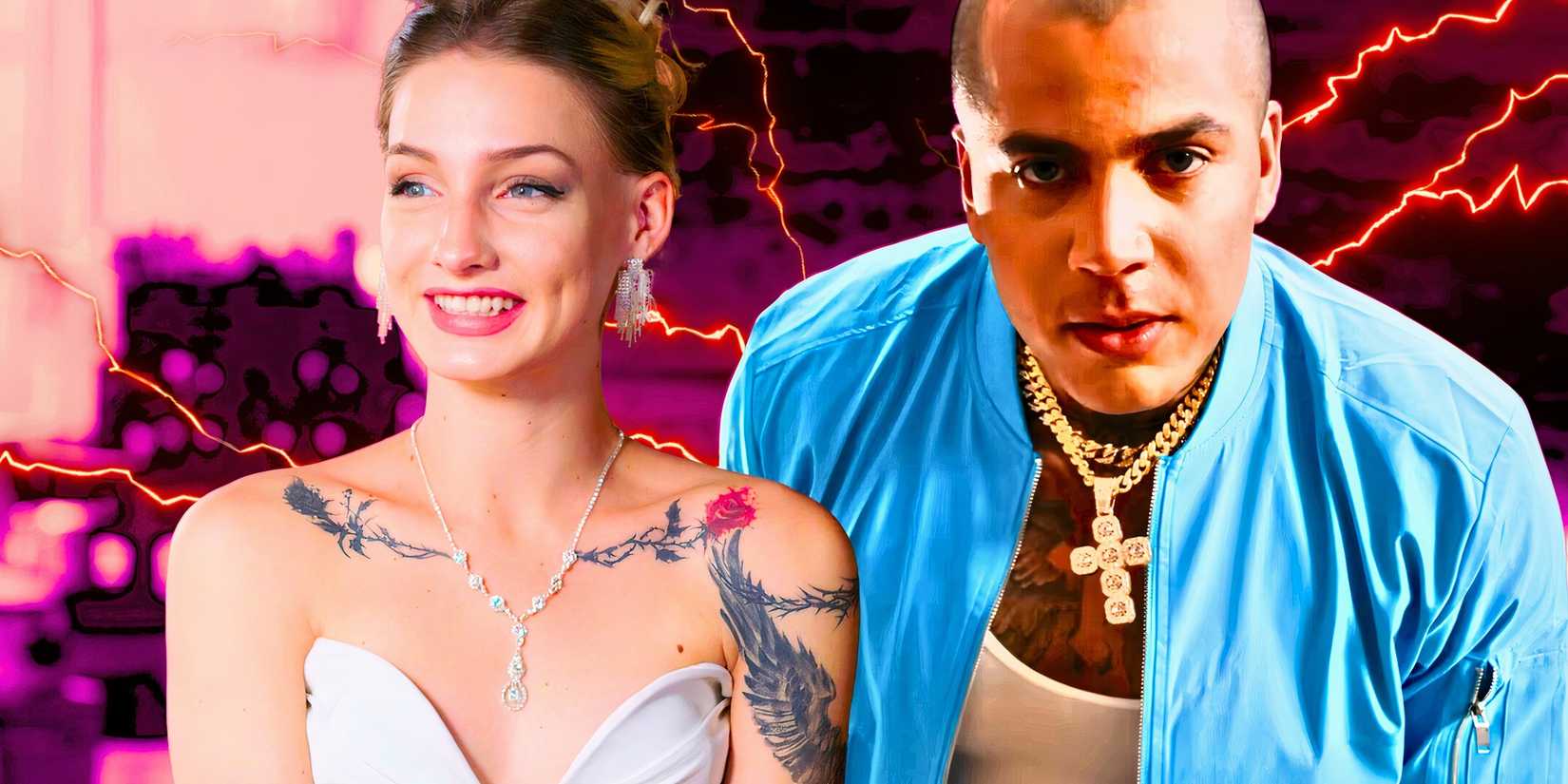 Морья Плат, звезда "Welcome to Plathville", в монтаже с бывшим партнером Мэтью Крэйвеном, с крестом и фоном в виде молнии