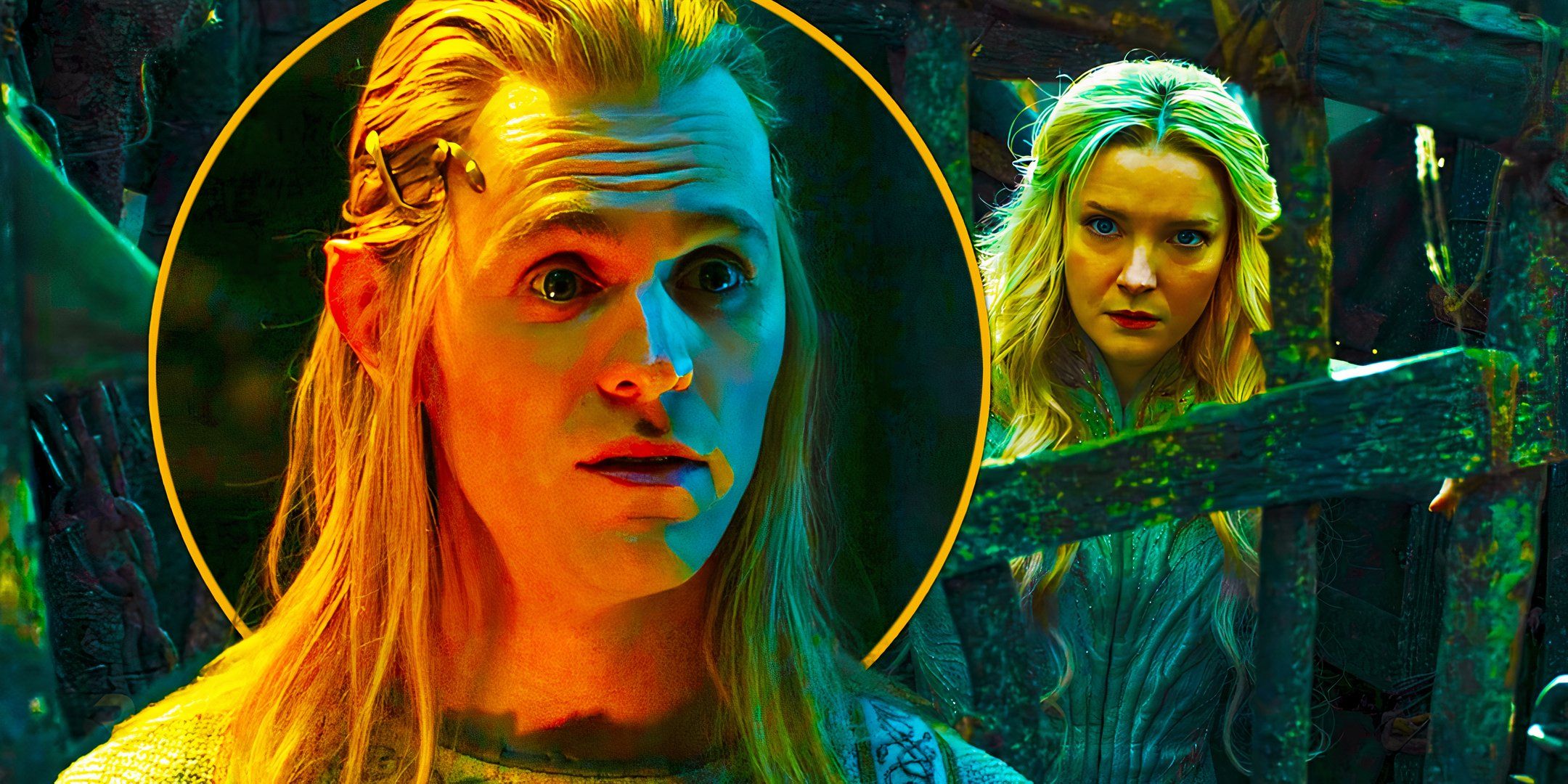 Charlie Vickers as Sauron juxtaposed with Morfydd Clark as Galadriel in The Lord of the Rings The Rings of Power season 2