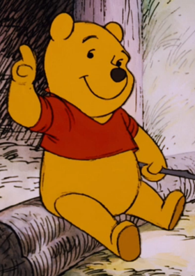 Winnie the Pooh in The Many Adventures of Winnie the Pooh (1977) smiling, holding his finger up, grabbing a twig