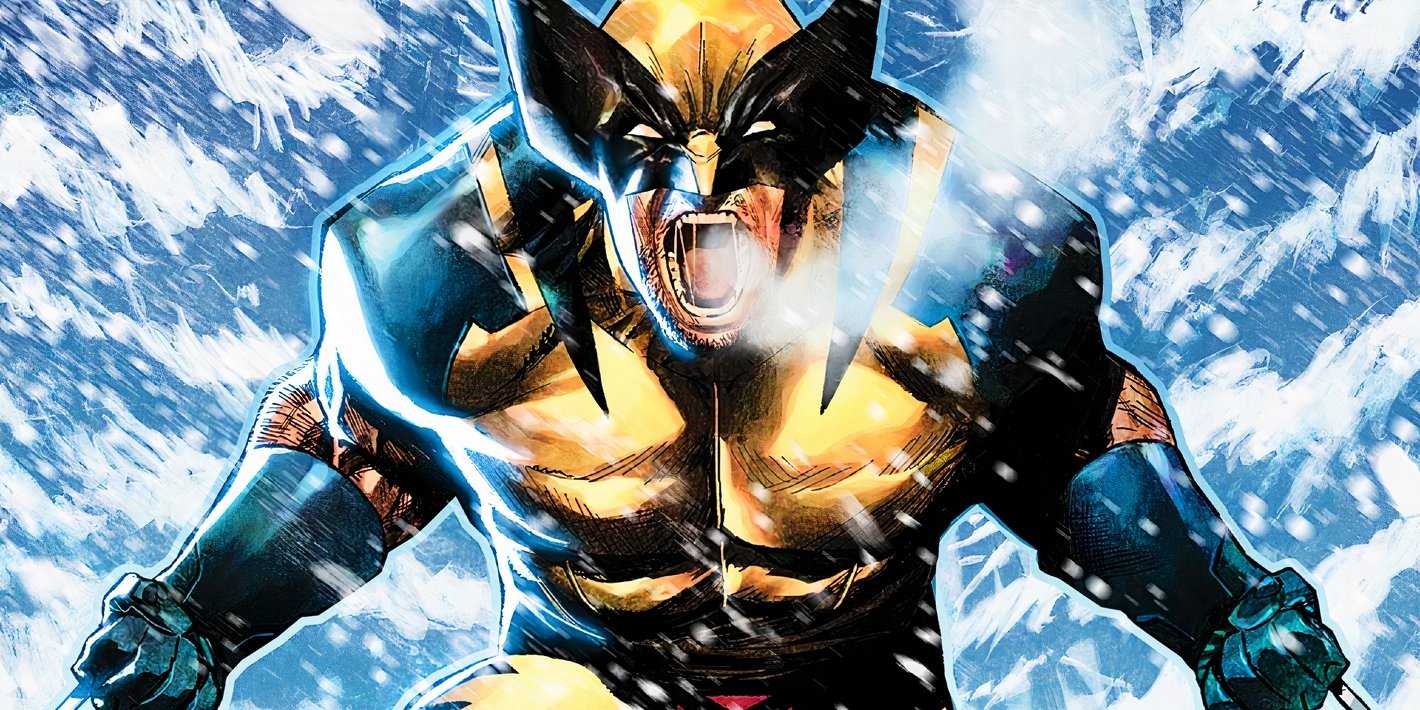 Comic book art: Wolverine screams, rearing back with his claws, amidst a heavy snowstorm