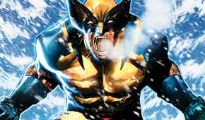 Comic book art: Wolverine screams, rearing back with his claws, amidst a heavy snowstorm