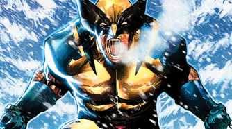 Comic book art: Wolverine screams, rearing back with his claws, amidst a heavy snowstorm