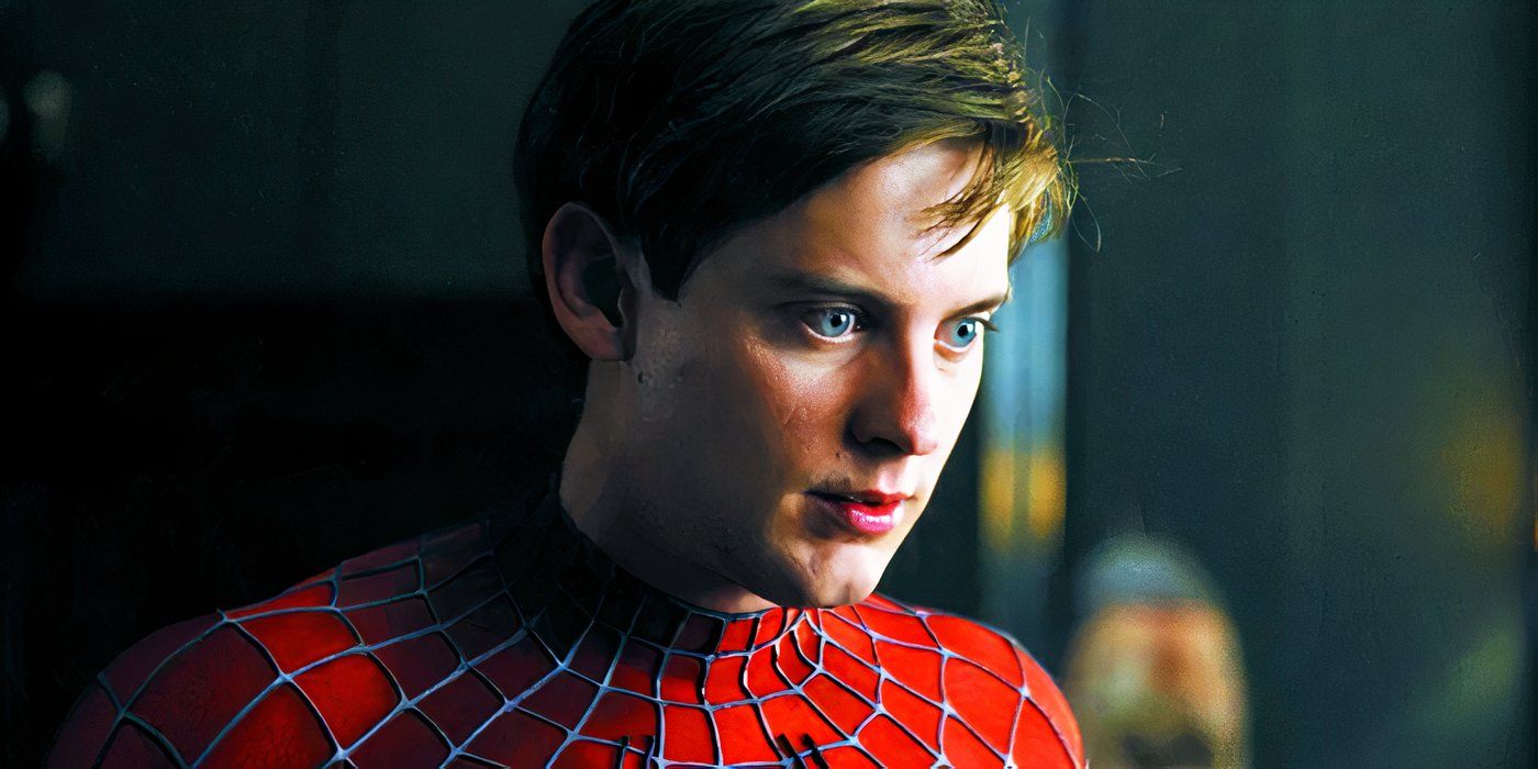 Young Tobey Maguire as Spider-Man in 2002's Spider-Man looking offscreen