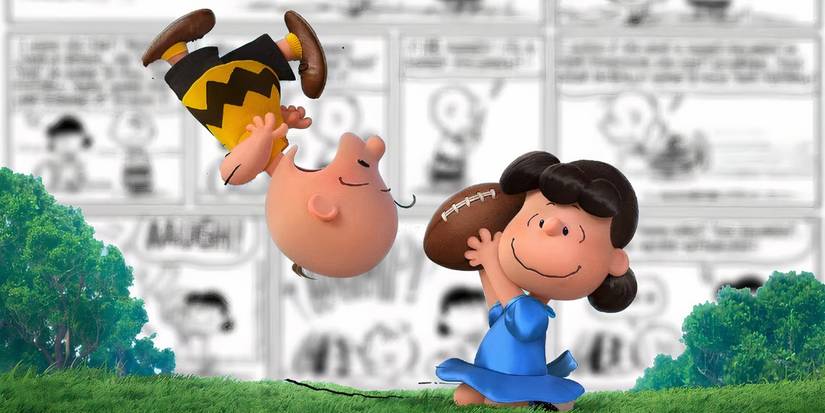 Charlie Brown trying to kick the football while Lucy holds it in Peanuts.