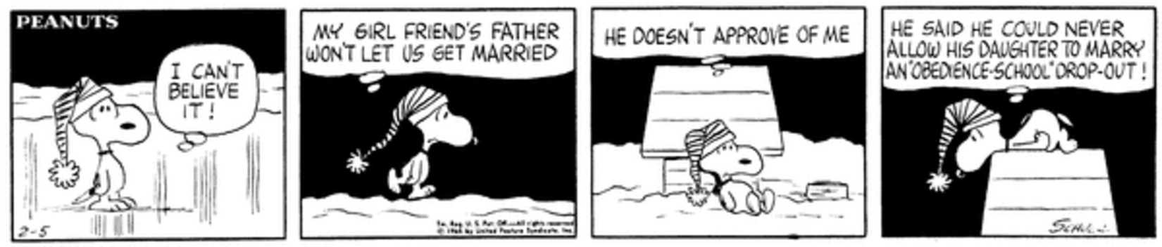 Peanuts strip: Snoopy sad after rejected marriage proposal.