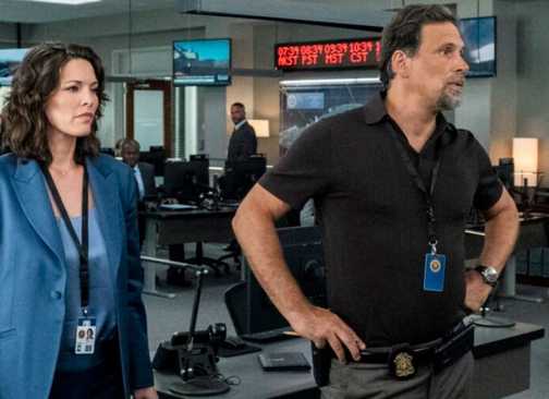 FBI Jubal and Isobel standing and looking at the info board during a case