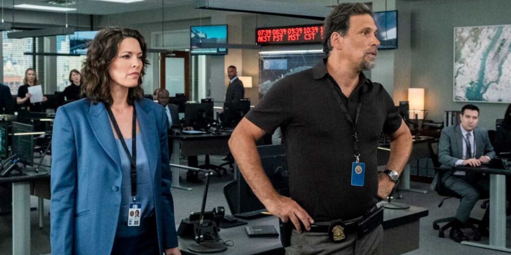 FBI Jubal and Isobel standing and looking at the info board during a case