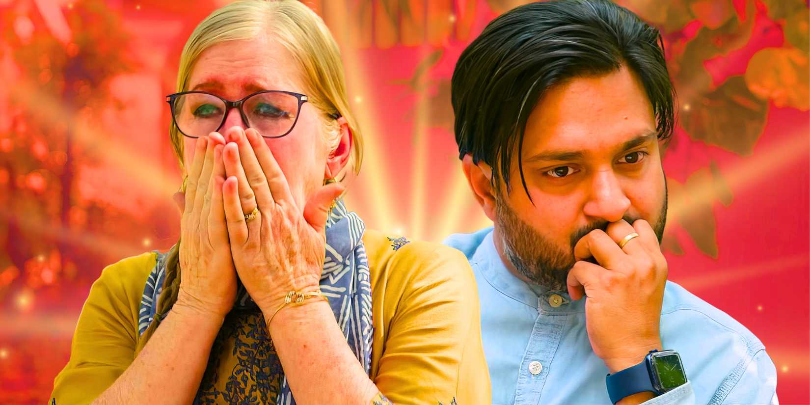 90 Day Fiancé’s Jenny Slatten covers her mouth in horror and Sumit Singh rests a hand against his mouth.