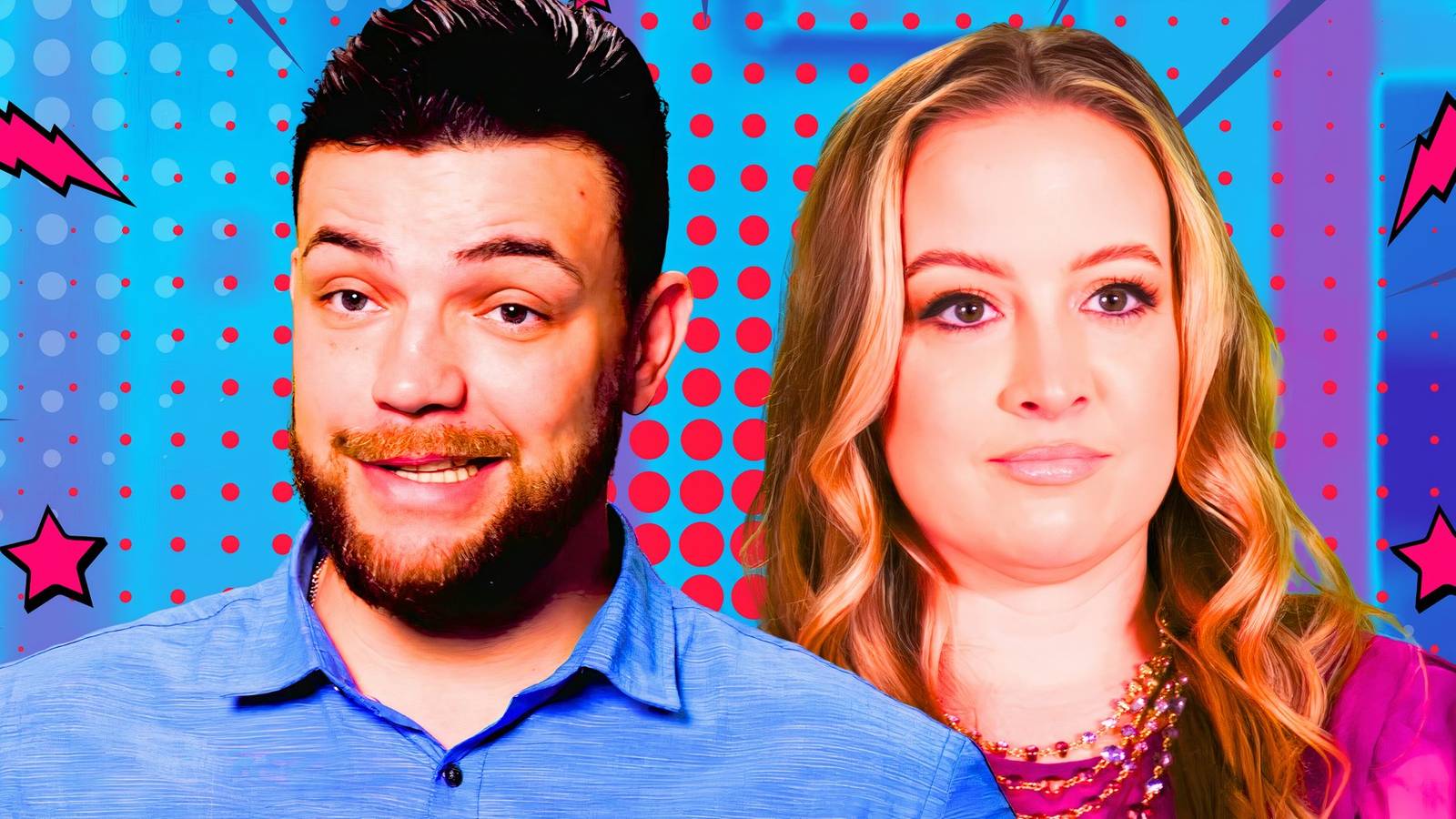 90 day fiance star andrei castravet and libby potthast with him smiling and her looking annoyed and dot background