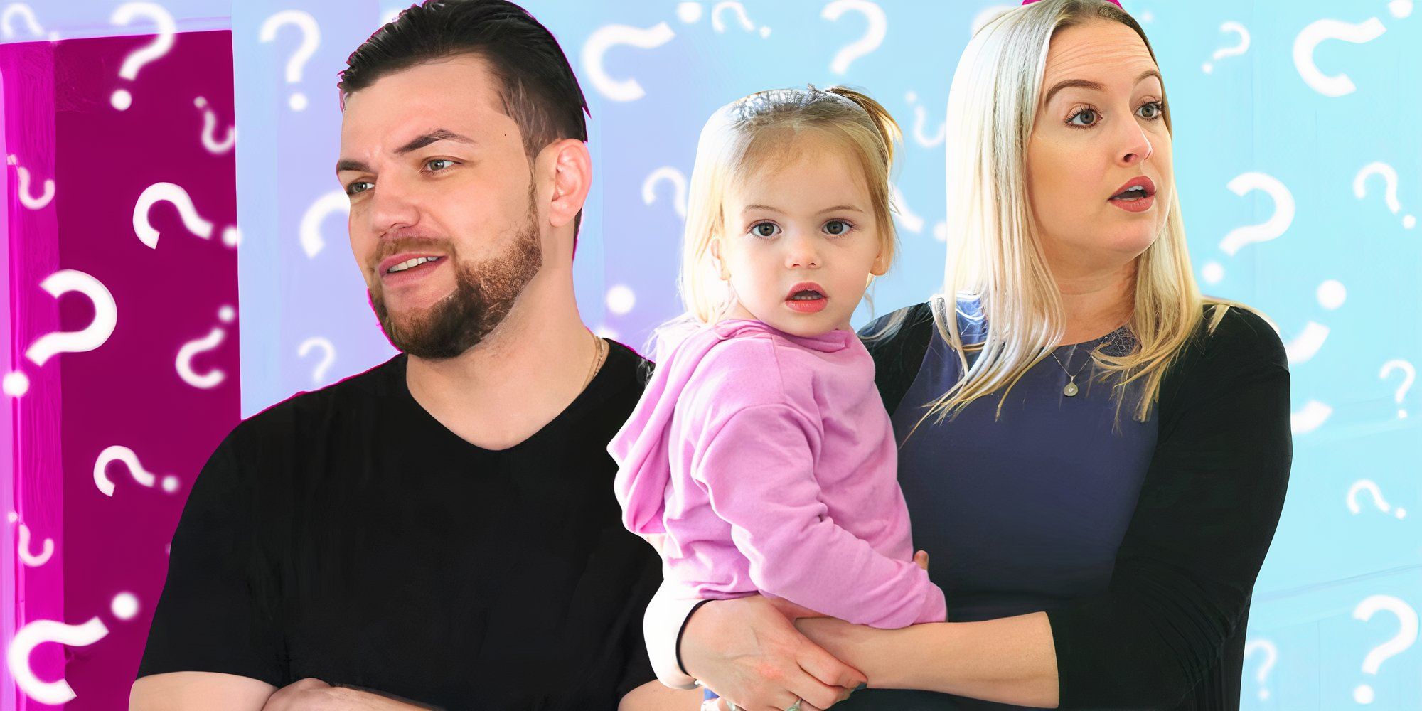 90 day fiance star andrei castravet and libby with her holding their daughter and background with question marks