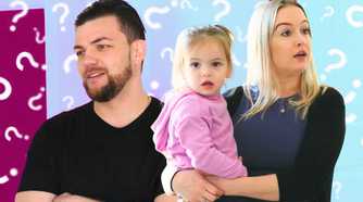 90 day fiance star andrei castravet and libby with her holding their daughter and background with question marks