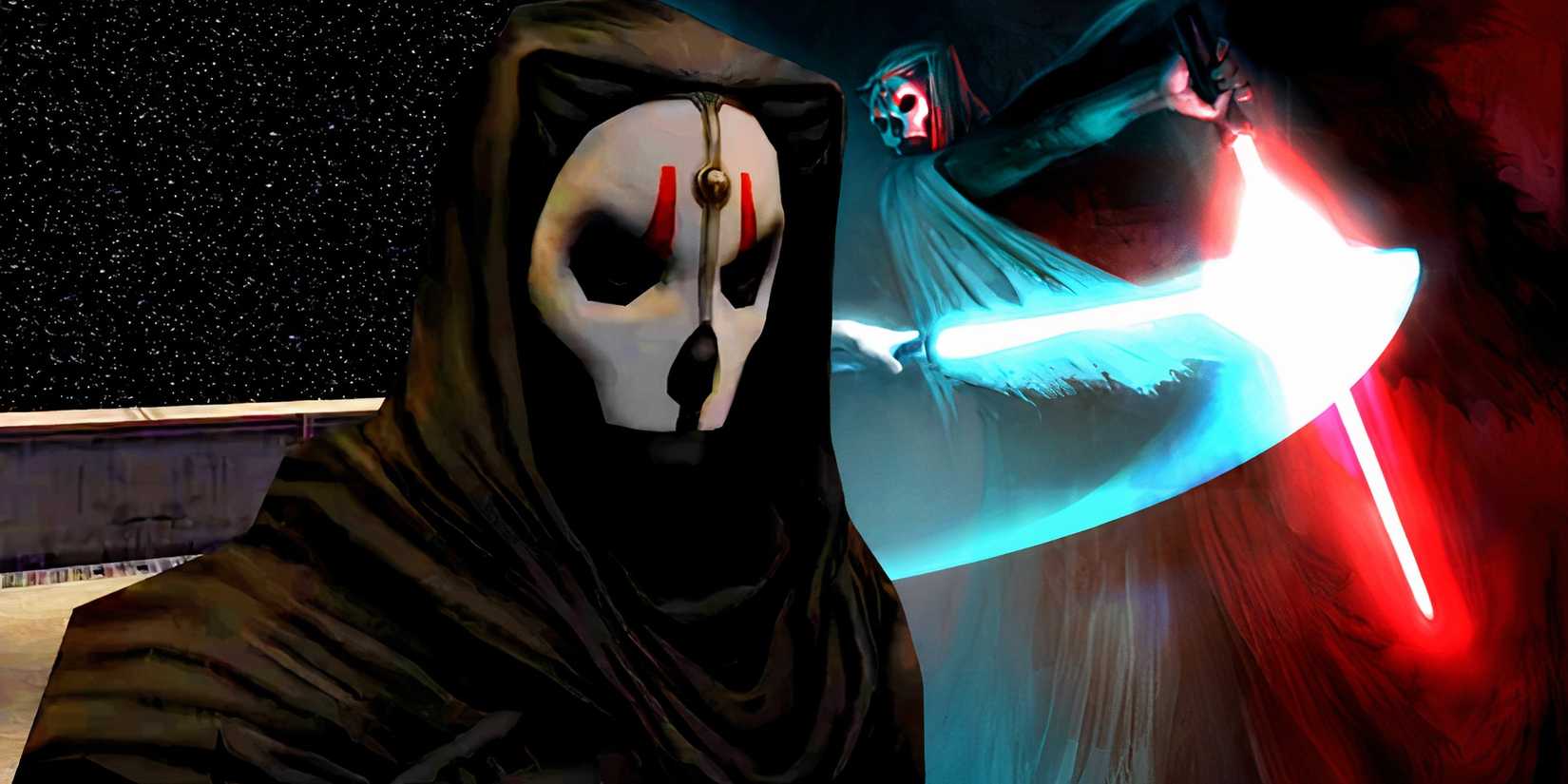 Darth Nihilus in Star Wars: Knights of the Old Republic II - The Sith Lords and promotional art of Nihilus dueling with a red lightsaber.